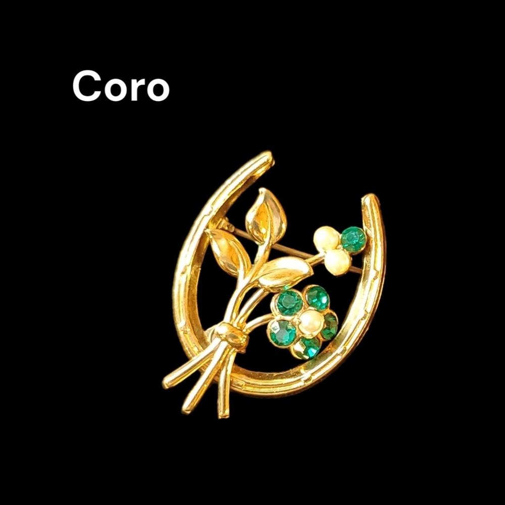Uranium Glass Horseshoe Vintage Coro Gold-tone Brooch Floral Pearls Rhinestones